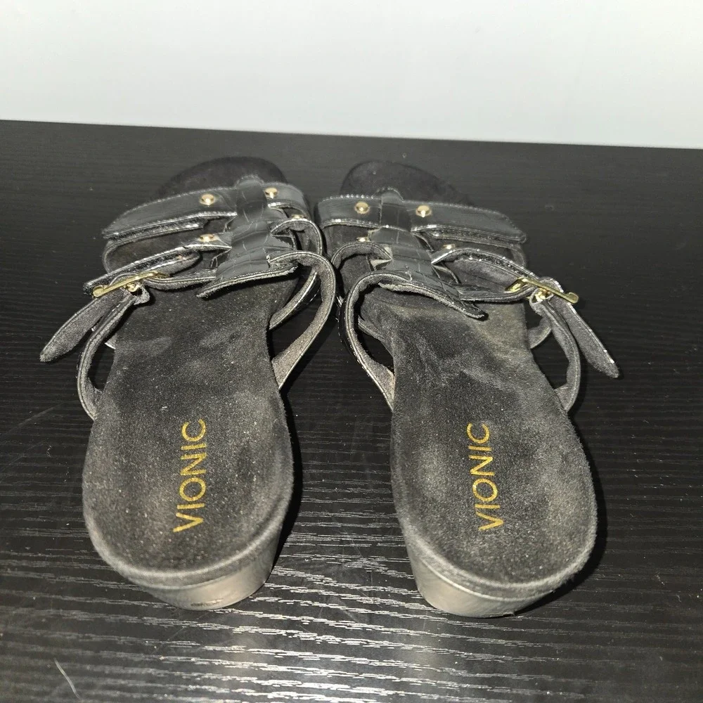 Vionic Radia Wedge Sandals Women Sz 9 Black Patent Croco Triple Strap Slide NWOB